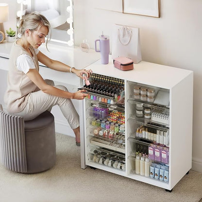 WOPITUES Mobile Storage Cabinet with 15 Clear Drawers, Craft Cabinet with 5 Large Drawers, Cart with Wooden Tabletop, Printer Stand Home Office, Dresser Chest, Modern White