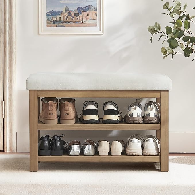 2 Tier Shoe Rack Bench with Cushion, Solid Wood Shoe Benches, Mid-Century Modern Shoe Storage Bench for Entryway, Hallway, Living Room, Closet, Front Door Entrance, (Beige, 31.5")