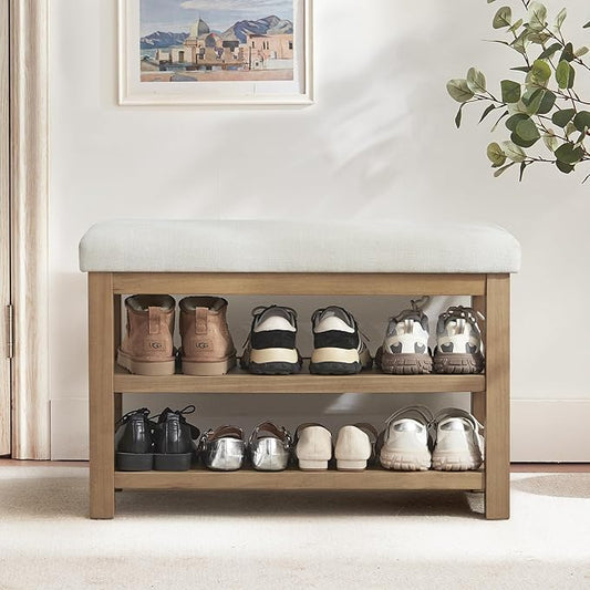 2 Tier Shoe Rack Bench with Cushion, Solid Wood Shoe Benches, Mid-Century Modern Shoe Storage Bench for Entryway, Hallway, Living Room, Closet, Front Door Entrance, (Beige, 31.5")