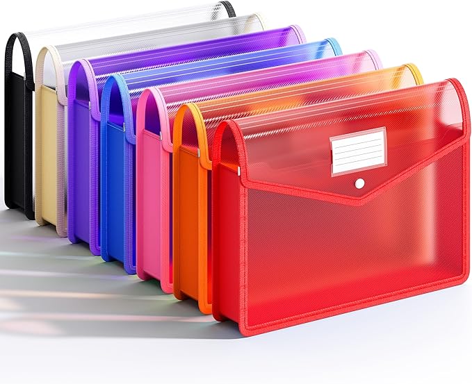 XingDuing 7 Pack Plastic Expanding File Folder, Transparent envelopes with Snap Closure, Fit Legal/B4 Size for School/Office/Home/Hospital, No Dividers, Large Capacity-7 Colors