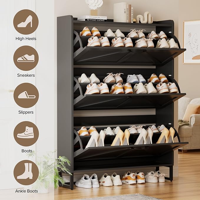 EOYUTLLY Shoe Cabinet Storage for Entryway, Narrow Shoe Rack with 3 Flip Drawers, Freestanding Hidden Shoe Rack Storage Organizer, Slim Shoe Cabinet White with Metal Legs