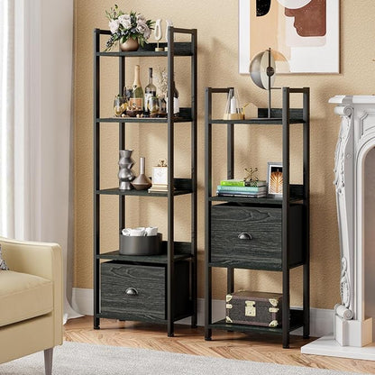 Furologee 5 Tier Bookshelf with Drawer, Kitchen Bakers Rack with Storage, Tall Narrow Bookcase, Industrial Free Standing Display Shelf, Wood and Metal Book Shelf for Bedroom, Living Room, Black