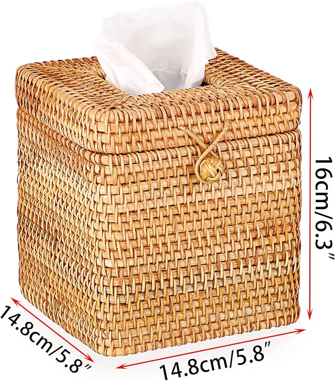 Sumnacon Tissue Box Cover Square Tissue Box Rattan Tissue Box Holder with Hinged Top Lid, Wicker Tissue Holder for Bathroom Toilet Living Room Kitchen Office Table Desk, Yellow