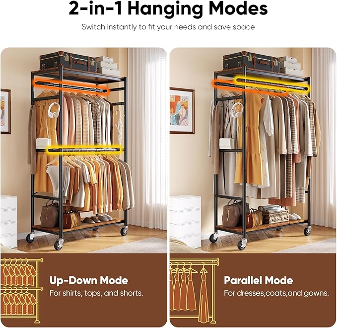 HOKEEPER Heavy Duty Rolling Garment Rack, Wood & Metal Clothing Rack with Shelves, Adjustable Height Freestanding Wardrobe for Bedroom, Freestanding Closet Organizer, Max Load 450 LBS