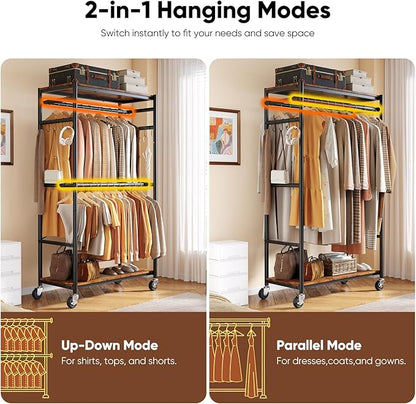 HOKEEPER Heavy Duty Rolling Garment Rack, Wood & Metal Clothing Rack with Shelves, Adjustable Height Freestanding Wardrobe for Bedroom, Freestanding Closet Organizer, Max Load 450 LBS