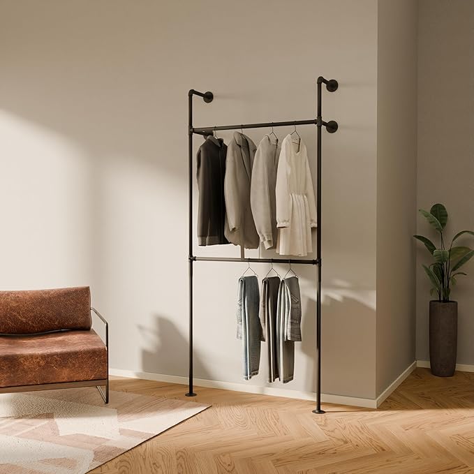 pamo Industrial Pipe Clothing Rack – Wall Mounted Black Closet System in Powder-Coated Steel – 41.4" W × 87.4" H – Easy Setup – Ideal for Walk-In Closets & Retail Use