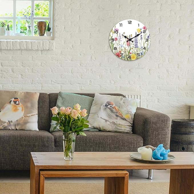peacoblue Wall Clocks Battery Operated 12 Inch Wildflowers Glass Round Wall Clock Non Ticking for Kitchen Living Room Dining Room Bedroom and Bathroom Decor Accessories (Battery not Included)
