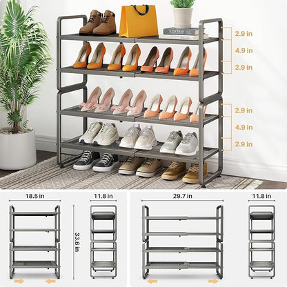 SNTD Shoe Rack - Expandable Shoe Organizer for Closet, Adjustable Metal Shoe Shelf Storage, Stackable Long Shoe Stand Holder for Garage, Entryway, Door Entrance (Grey, 4-Tier)