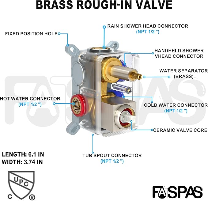 Brushed Nickel Shower System with 10-Inch Rain Showerhead and Tub Spout | cUPC-certified pressure balance brass valve to prevent scalding, CEC-certified air injection technology for low pressure