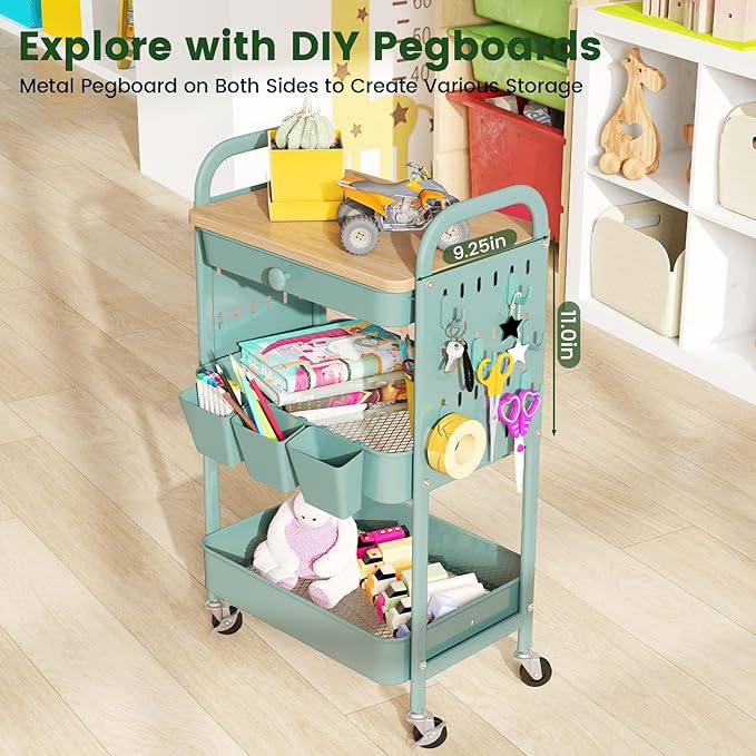 danpinera 3 Tier Rolling Cart, Metal Utility Cart with Wooden Table Top & DIY Pegboard, Rolling Carts with Drawer, Storage Cart Craft Cart with Hooks & Hanging Cups for Kitchen, Bathroom, Office