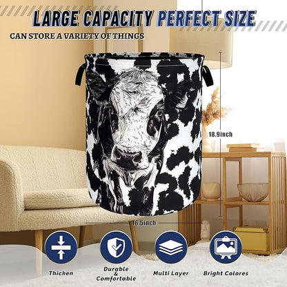 Personalize Black White Cow Laundry Basket Oxford Cloth Foldable Animal Laundry Hamper With Handle Portable Clothes Storage Organizer Basket 18.9x16.5Inch Laundry Bag For Laundry Room/Bedroom/Bathroom