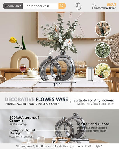 Set of 2 Silver Ceramic Vases for Home Decor Accents - Unique Hollow Donut Artistic Design Modern Contemporary Glam Style Decorative Vases for Shelf, Mantel, Entryway Table Decor (Matte Silver)