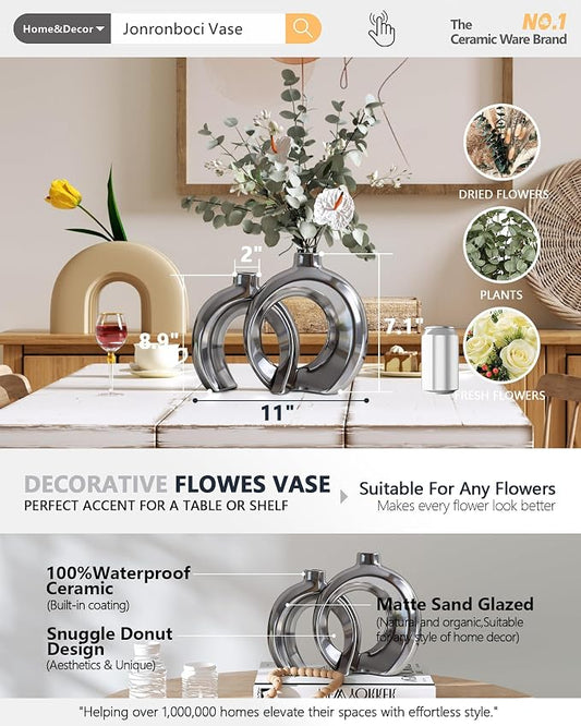 Set of 2 Silver Ceramic Vases for Home Decor Accents - Unique Hollow Donut Artistic Design Modern Contemporary Glam Style Decorative Vases for Shelf, Mantel, Entryway Table Decor (Matte Silver)