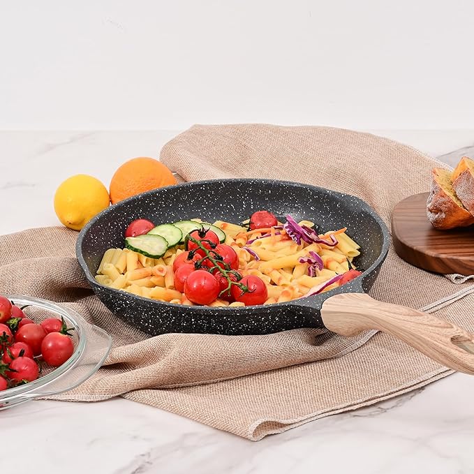 JEETEE 10 Inch Nonstick Frying Pan, Stone Coating Cookware, Nonstick Omelette Pan with Heat-Resistant Handle, Compatible with All Stoves (Grey)