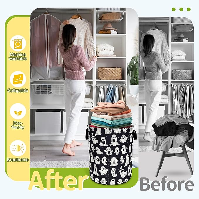 Cute Ghost Laundry Basket Funny Spooky Foldable Waterproof Oxford Cloth Tote Bag Laundry Hamper Round Large Clothes Storage Bucket Toy Organizer For Bathroom/Laundry Storage/Bedroom 18.9x16.5 Inch