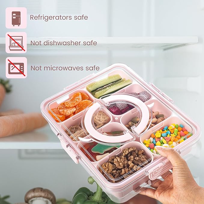 Divided Serving Tray with Lid and Handle - Snackle Box Charcuterie Container for Portable Snack Platters Organizer for Candy, Fruits, Nuts, Snacks - Perfect for Party, Entertaining, Black