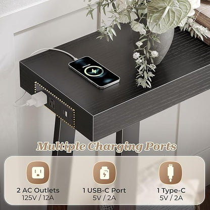 Huuger Entryway Console Table with Charging Station, USB-C Port, 53.9 Inch Sofa Table with Metal Legs, Entry Hallway Table with Deeper Desktop, Modern Behind Couch Table, Black