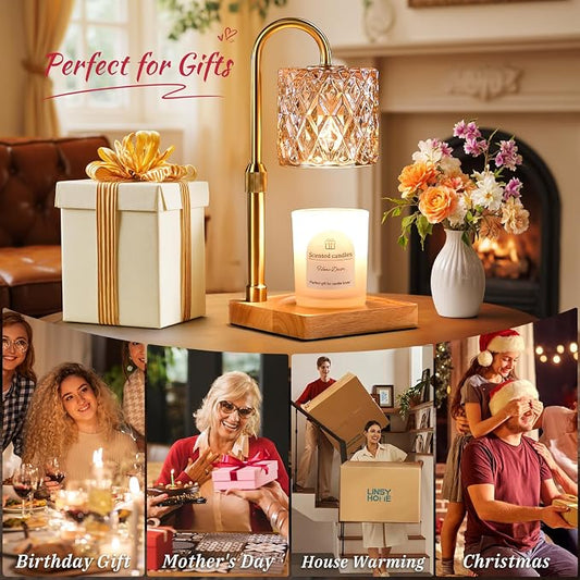Hong-in Candle Warmer Lamp with Timer -Dimmable Adjustable Height Wax Melt Warmer for Jar Candles,Vintage Home Decor with Elegant Amber Glass,Birthday Gifts for Women, Mom, Friend, Sister
