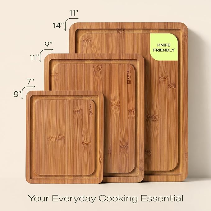 ROYAL CRAFT WOOD Wooden Cutting Boards for Kitchen Meal Prep & Serving - Bamboo Non Toxic Cutting Board Set with Deep Juice Groove Side Handles - Charcuterie & Chopping Butcher Block for Meat (3 Pcs)