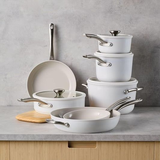Circulon Halo with LaserDefense Ceramic Nonstick Cookware Set, 11-Piece Pots and Pans Set, Pearl White