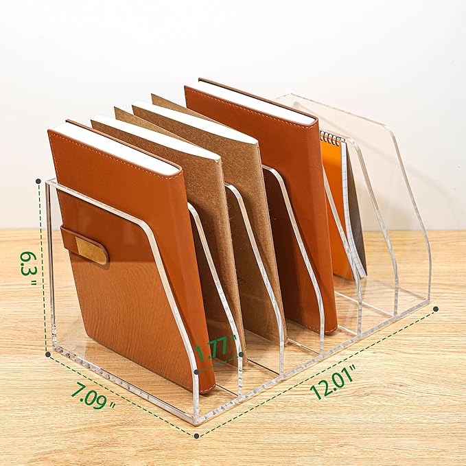 Acrylic Magazine File Holder, 6 Vertical Compartments Desk Document Sorter Organizer, Clear Folder Rack Binder for Office, Documents, Tablets, Magazines, Books – Home/Classroom Rack