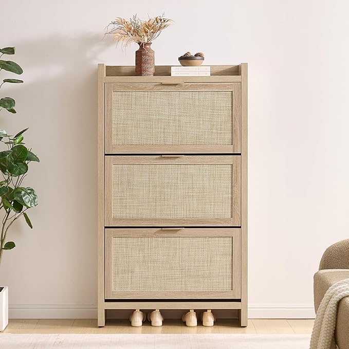 SICOTAS Rattan Shoe Storage Cabinet with 3 Flip Drawers, 30 Pairs Freestanding Shoe Cabinet Storage for Entryway, 57.4" Tall Farmhouse Narrow Shoe Organizer Rack Cabinet for Foyer, Hallway, Light Oak