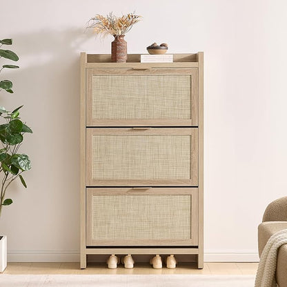 SICOTAS Rattan Shoe Storage Cabinet with 3 Flip Drawers, 30 Pairs Freestanding Shoe Cabinet Storage for Entryway, 57.4" Tall Farmhouse Narrow Shoe Organizer Rack Cabinet for Foyer, Hallway, Light Oak