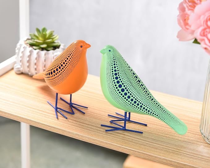 Quoowiit Bird Figurine, Modern Sculpture and Statues for Home Decor, Animal Statues for Bookshelf, Table, Entryway, Fireplace, Resin Decorative Sculpture with Chic Polka Dots Art Design (Green)