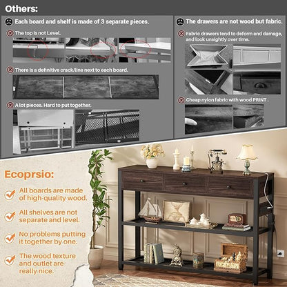 Ecoprsio 47'' Entryway Table with Outlets and USB Ports, Console Table with 3 Drawers, Sofa Table Narrow Long with Storage Shelves for Living Room, Couch, Hallway, Foyer, Black Walnut Finish