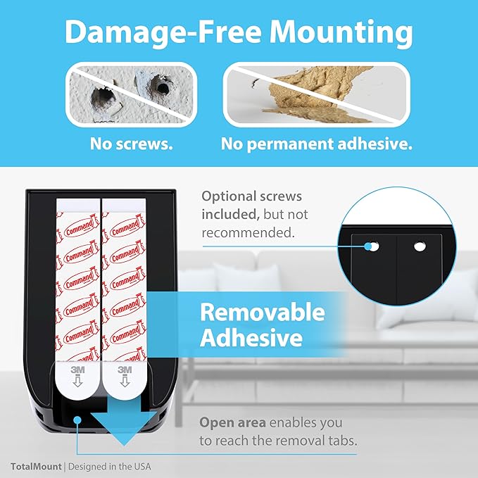 TotalMount Hole-Free Remote Control Holder – Eliminates Need to Drill Holes in Your Wall (Black, Quantity 1)