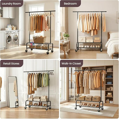 Clothes Rack for Hanging Clothes, Portable Clothing Rack with Wheels Sturdy Garment Organizer Metal Portable Wardrobe Closet with Double Shelves for Bedroom Laundry Living Room, Black