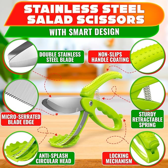 Salad Scissors for Chopped Salad - Effortless Double-Blade Chopping in Bowl, No Knife or Cutting Board Needed - 8.9" Stainless Steel Vegetable Scissors, Safety Lock, Lettuce Cutter Tool for Veggies