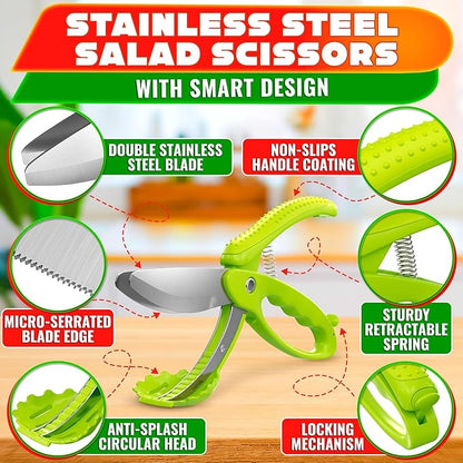Salad Scissors for Chopped Salad - Effortless Double-Blade Chopping in Bowl, No Knife or Cutting Board Needed - 8.9" Stainless Steel Vegetable Scissors, Safety Lock, Lettuce Cutter Tool for Veggies