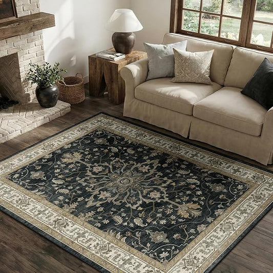 RELEANY Area Rugs 4'x5' Washable Non-Slip, Floral Vintage Distress Medallion Carpet for Living Room Bedroom Dining Room, Vintage Black Brown Neutral