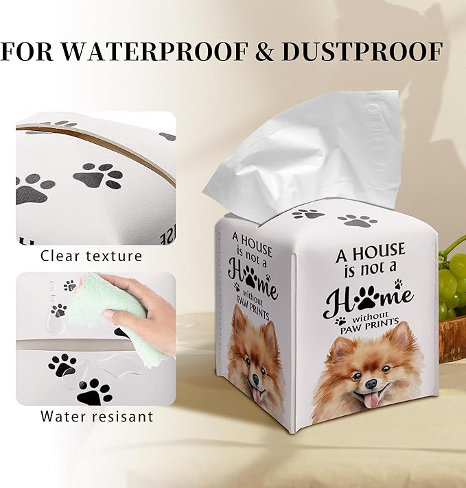 Grace Yonks Cute Pomeranian Tissue Box Cover Square, Pomeranian Dog Cube Case for Facial Tissues, 5.2" PU Leather(034)