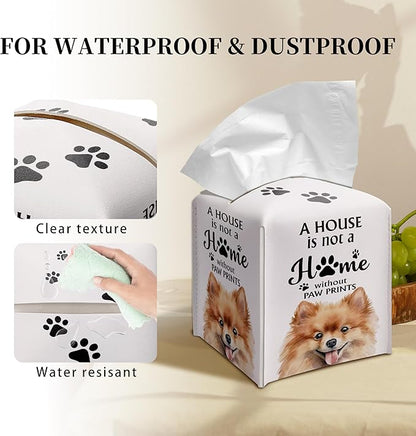 Grace Yonks Cute Pomeranian Tissue Box Cover Square, Pomeranian Dog Cube Case for Facial Tissues, 5.2" PU Leather(034)