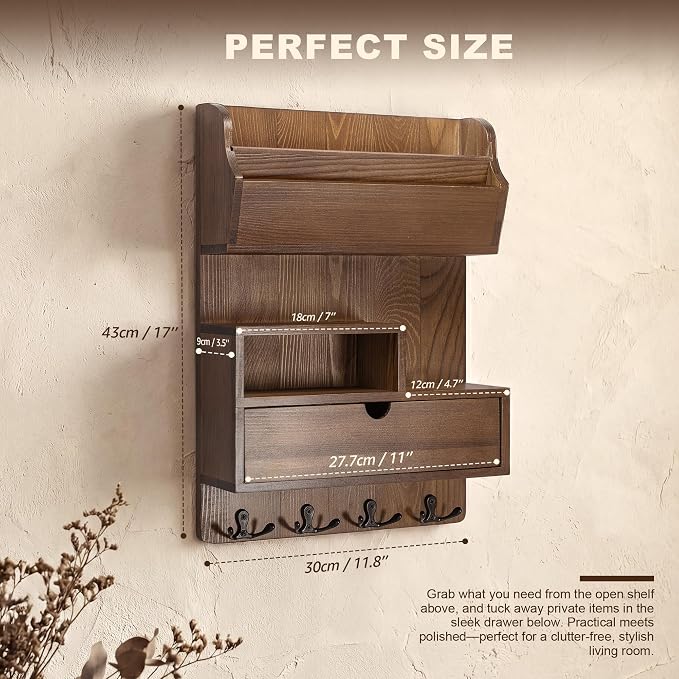 Rebee Vision Pine Wood Key Holder Wall Mount with Drawer Organizer – Farmhouse Key Holder for Wall with Mail Organizer & 4 Hooks – Perfect for Retro Home Decor(Brown)