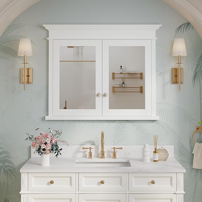 WELLFOR40 x 32" Bathroom Medicine Cabinet with 3-Tier Adjustable Shelves, Recessed Solid Wood Medicine Cabinet with Mirrors, Wood Miiror Cabinet with 2 Soft-Close Door and Open/Built-in 6 Shelves