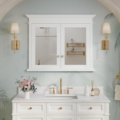 WELLFOR40 x 32" Bathroom Medicine Cabinet with 3-Tier Adjustable Shelves, Recessed Solid Wood Medicine Cabinet with Mirrors, Wood Miiror Cabinet with 2 Soft-Close Door and Open/Built-in 6 Shelves