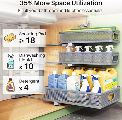 Kitstorack Under Sink Organizer, 1-Pack 3-Tier Height Adjustable Thickened Metal Pull out Cabinet Organizer Shelf, Slide out Storage Drawer Rack for Bathroom Kitchen Pantry Home Organization, Grey