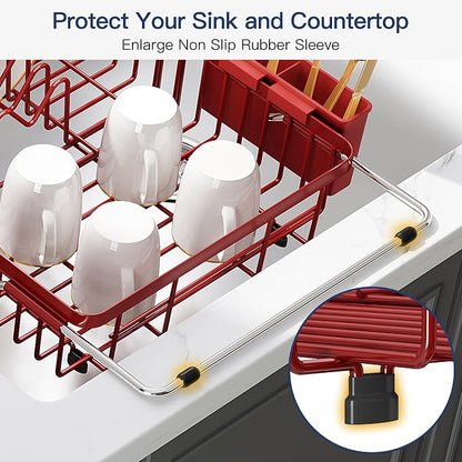 JASIWAY Red Expandable Stainless Steel Dish Drying Rack Over The Sink for Small Kitchen, Counter Space Saving Compact Plate Drainer Strainer, Adjustable Hanging Metal Dish Dryer with Utensil Holder