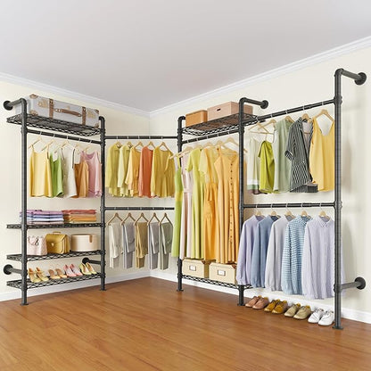 Timate L4 L Shape Garment Rack Heavy Duty Clothes Racks for Hanging Clothes, Expandable Industrial Pipe Clothing Rack Wall Mounted Closet Racks Wardrobe Closet Kit Corner Closet System, Black