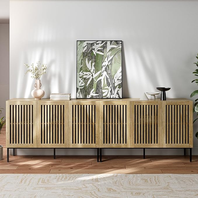 Buffet Cabinet with Storage,Set of 2 Farmhouse Console Table with Metal Base and Adjustable Shelves,Sideboard Coffee Bar Cabinet with 6 Doors for Kitchen,Dining Room,Living Room,Oak