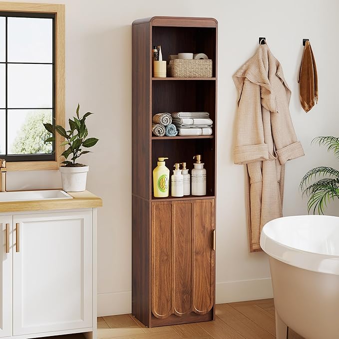 ORRD Narrow Tall Bathroom Storage Cabinet, Freestanding Storage Cabinet with Open Storage Compartments and Adjustable Shelf for Small Space, Bathroom, Living Room, Kitchen, (Walnut)