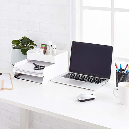Amazon Basics Rectangular Plastic Desk Organizer Bundle, 3 Pieces Letter Tray/Accessory Tray, White