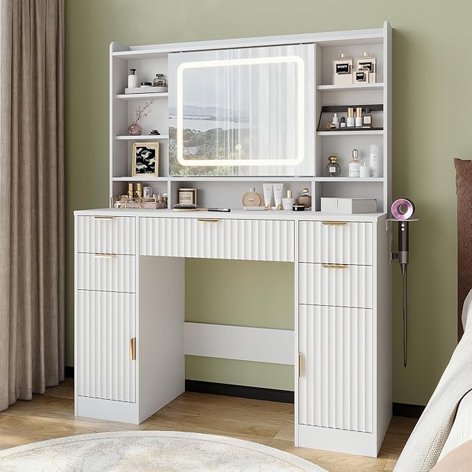 43.3" Fluted Vanity Desk with Mirror and Lights, Wood Makeup Vanity Desk with Charging Station & Mobile Mirror, Modern Dressing Table with Adjustable Shelves & Jewelry Hooks for Girls, Women, White
