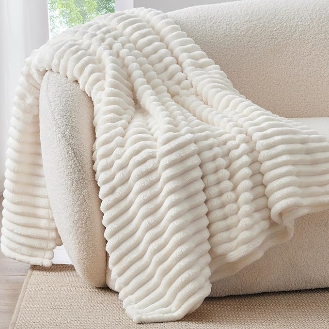 BEDELITE Twin Blanket for Couch & Bed, 300GSM Soft & Warm Fleece Blanket, Decorative and Giftable Striped Cream White Blankets for Women, Men, 60"x80"