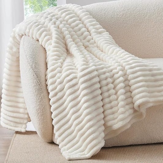 BEDELITE Twin Blanket for Couch & Bed, 300GSM Soft & Warm Fleece Blanket, Decorative and Giftable Striped Cream White Blankets for Women, Men, 60"x80"