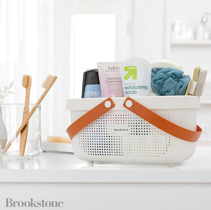 Brookstone BKH1635, Large Portable Shower Caddy with Soft Silicone Carrying Handle, Bathroom Organizer Basket, Plastic Bath Tote, Dries Quickly with Drainage Holes [BPA Free], White