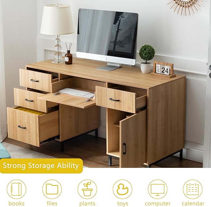 55" Executive Desk, Modern Wood Office Table with Charging Station, 5 File Drawer & 1 Storage Cabinet, Home Computer Writing Desk for Work Study, Living Room, Bedroom (Natural Oak)